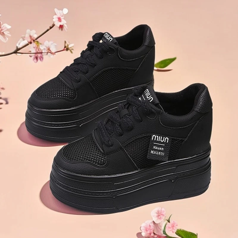 增高12cm网面透气女鞋软底夏季百搭小个子厚底松糕黑色时尚休闲鞋