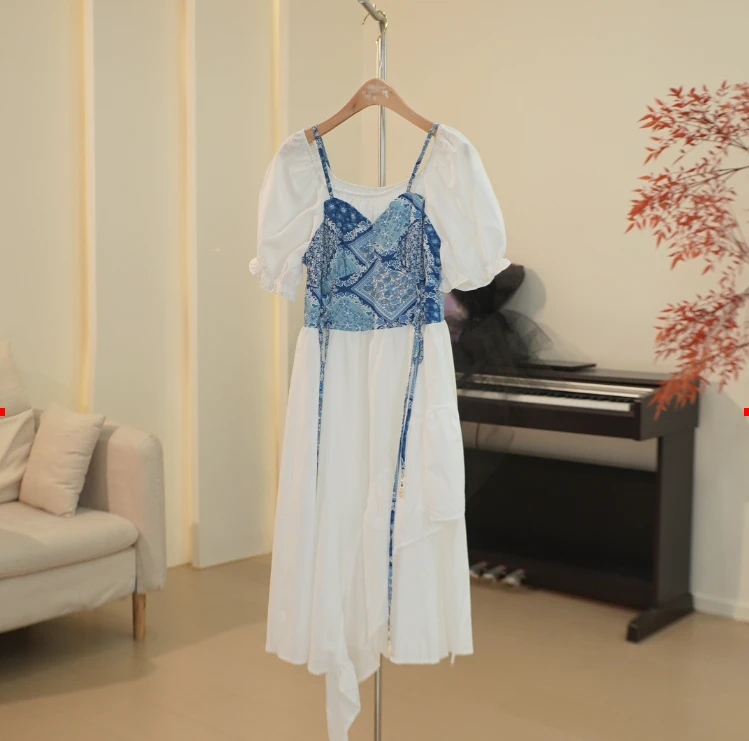 C186 ML系列国风印花拼接假两件连衣裙