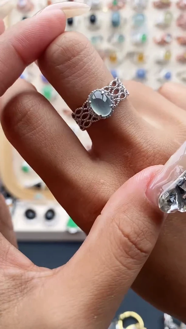 【闪购商品】翡翠戒指银S925镶嵌缅甸天然A货翡翠111  6+10