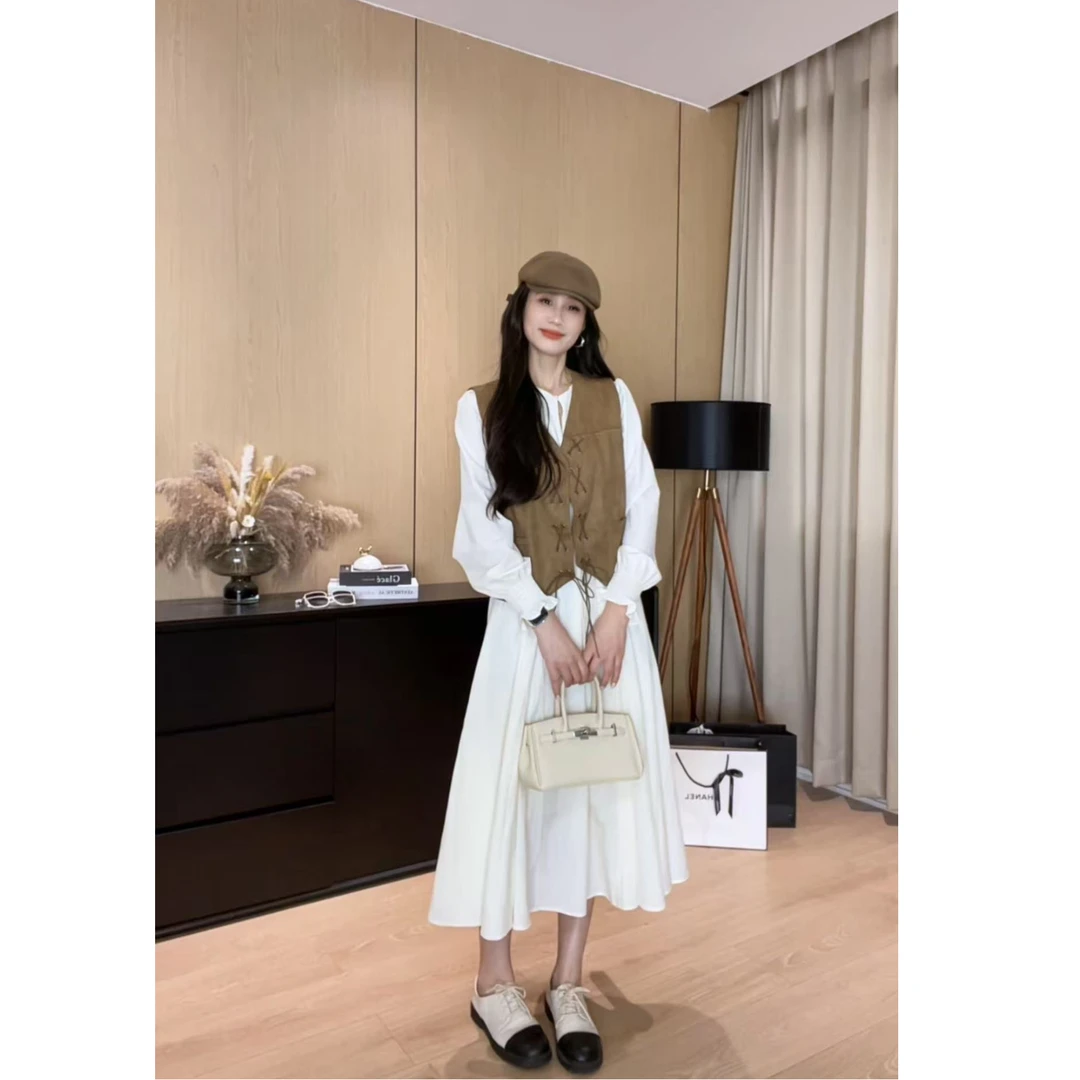 法式白色长袖马甲连衣裙套装女2025秋季新款穿搭一整套超火两件套