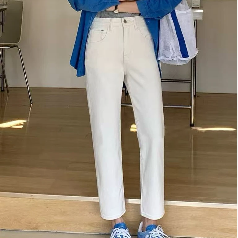 SU【863-1】代98 愫园  牛仔裤女冬加绒保暖显瘦杏色九分法棍裤