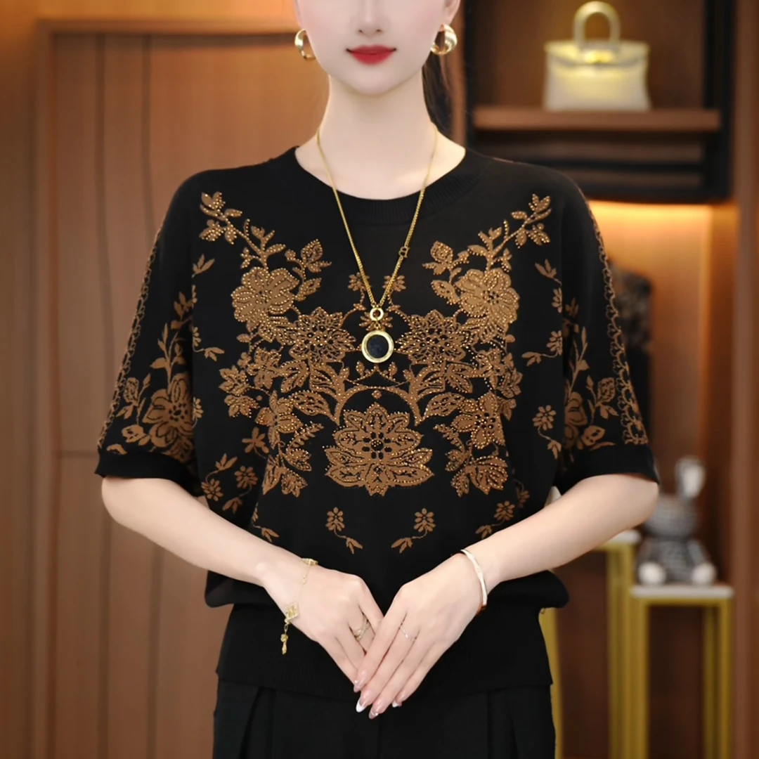 Y250086-夏季短袖抗起球高端显瘦减龄洋气宽松女士气质时尚