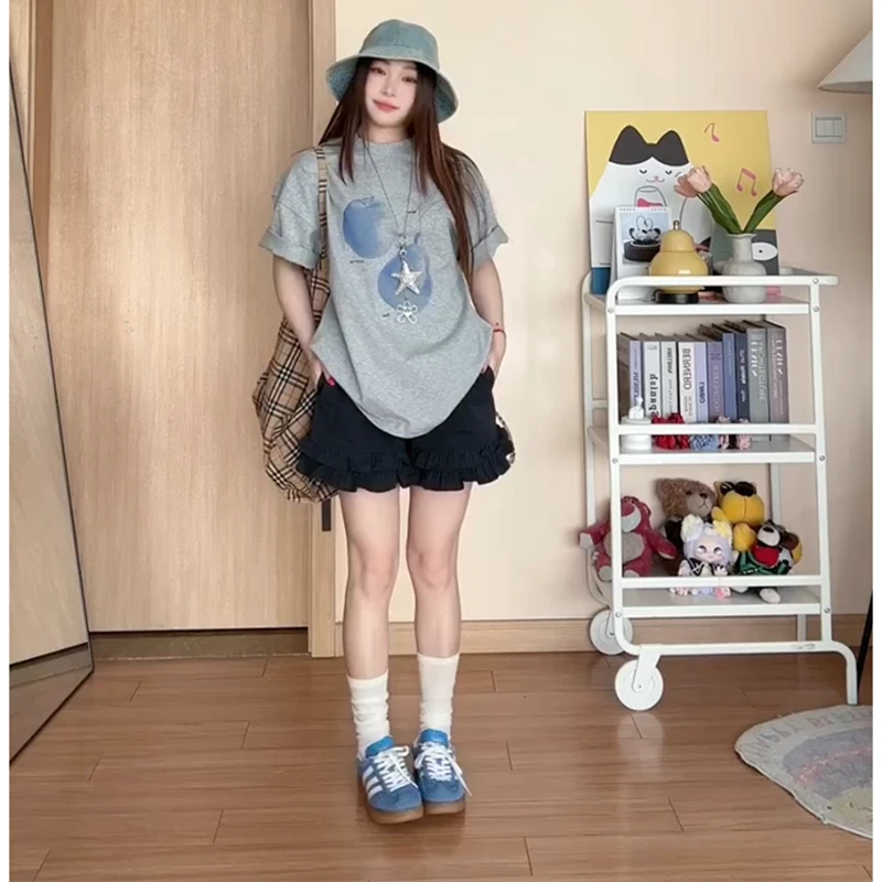 300斤辣妹大码女装黑色木耳花边牛仔短裤女胖mm高腰显瘦a字热裤子