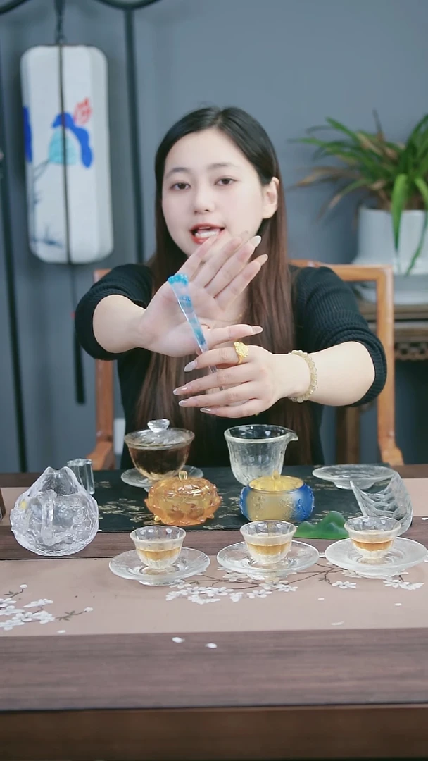 茶盏古法琉璃飘蓝色调茶匙茶置小摆件