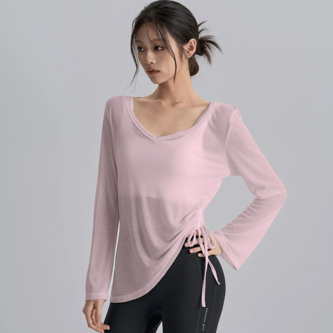 抽绳宽松瑜伽服罩衫女速干透气遮肉显瘦健身服普拉提跑步运动长袖