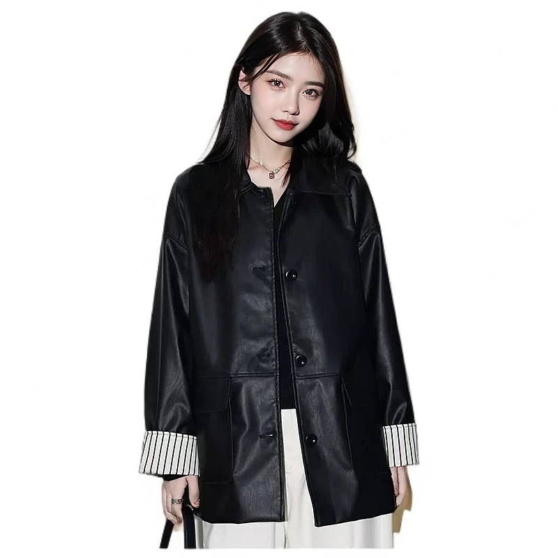 【MUSE】海宁真皮头层小牛皮皮衣外套中长款大口袋春装网红百搭显瘦