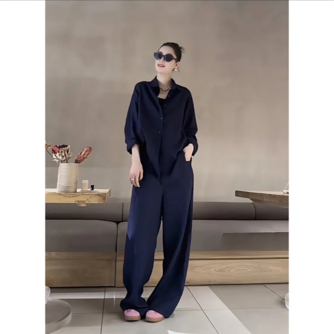 【XINRU心如】通勤套装女气质高藏蓝色宽松衬衫休闲阔腿裤两件套