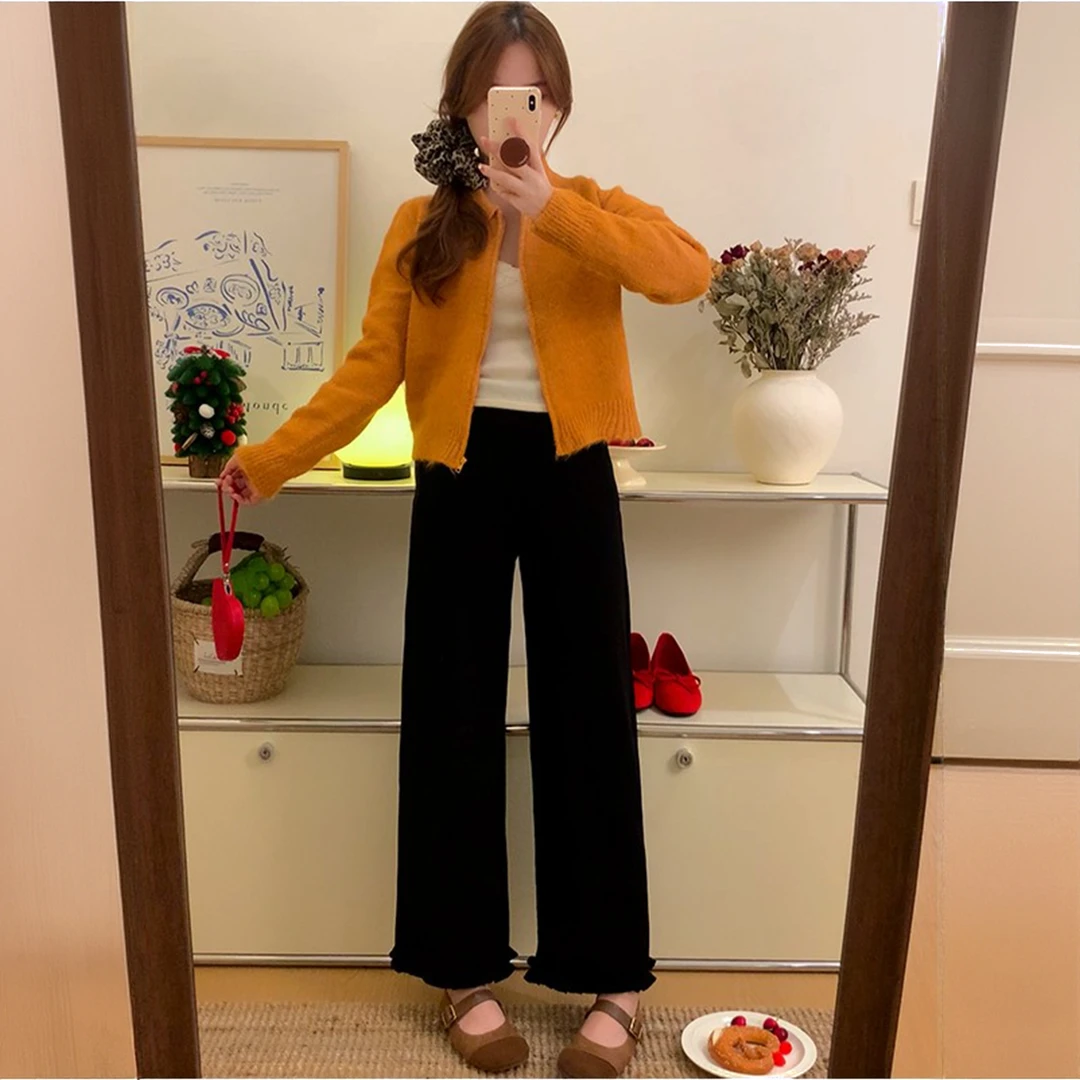 秋冬加绒黑色花边休闲裤女大码胖妹妹mm梨形报恩裤宽松显瘦阔腿裤