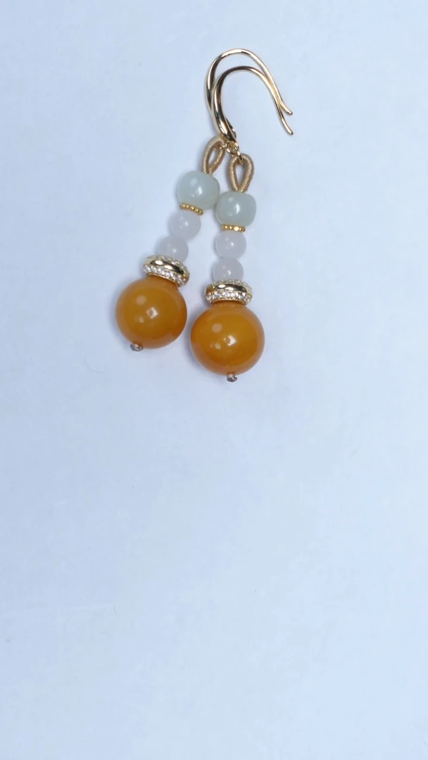 琥珀银S925镶嵌耳饰花蜡圆珠耳饰13mm