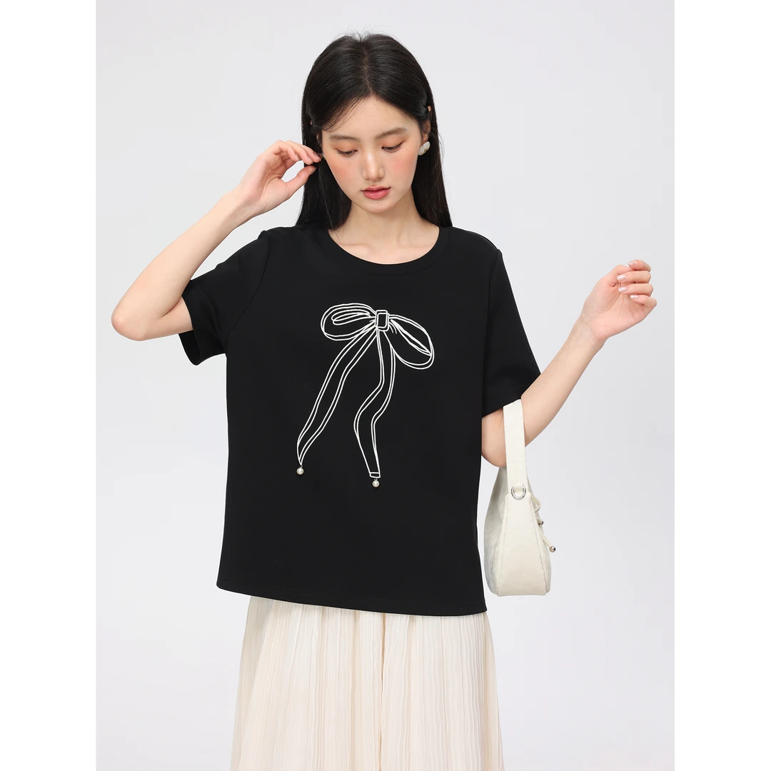 爱蔷薇大码正肩短袖蝴蝶结印花t恤女2025新款夏黑色上衣女GT76833