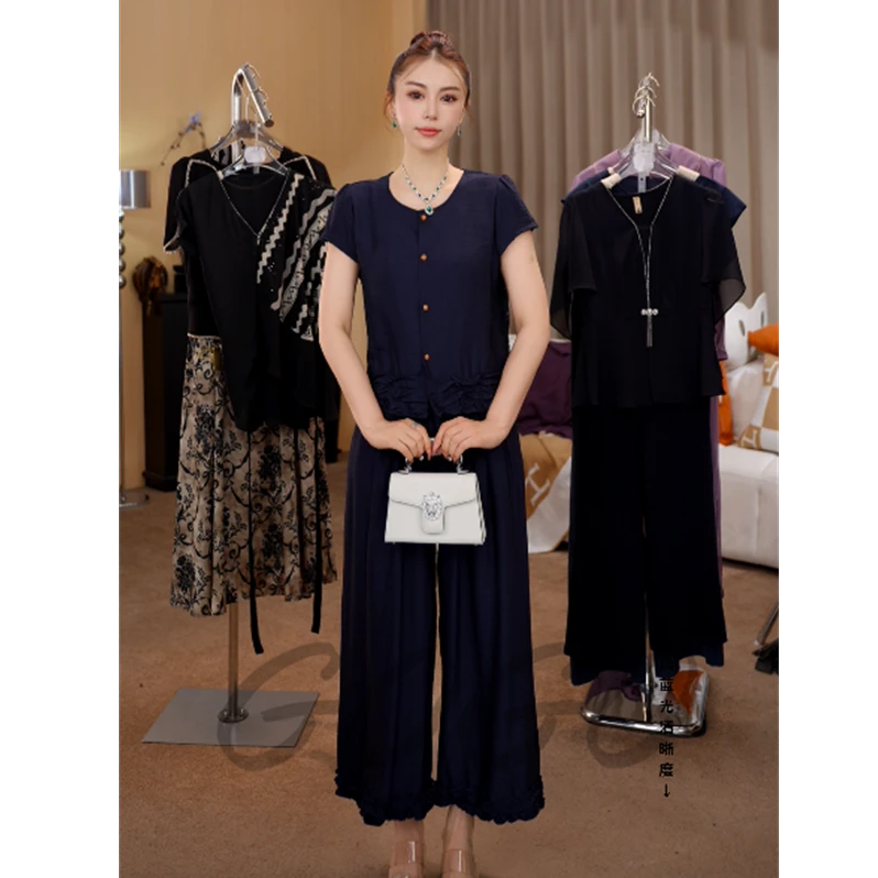 G6929新款夏季女花边短袖小衫松紧腰直筒裤套装时尚洋气两件套