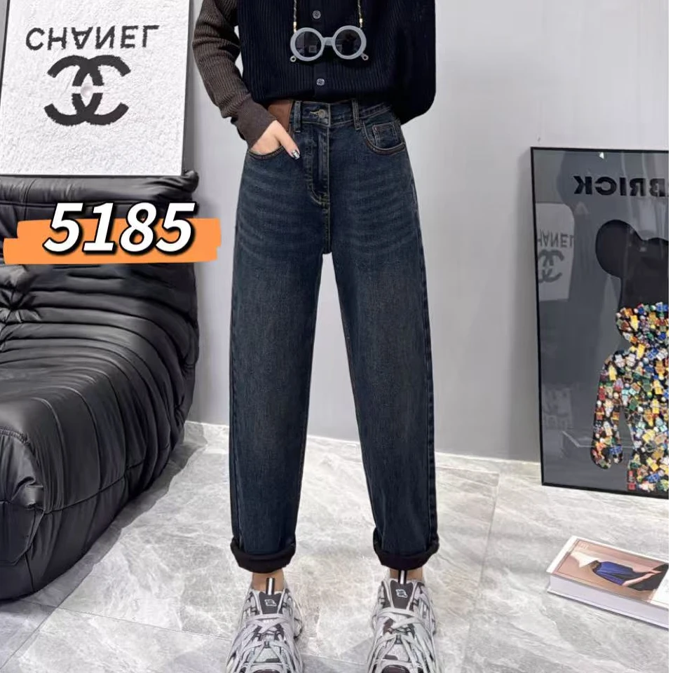 5185冬季胖mm显瘦老爹裤大码女装时尚加绒加厚小脚牛仔裤