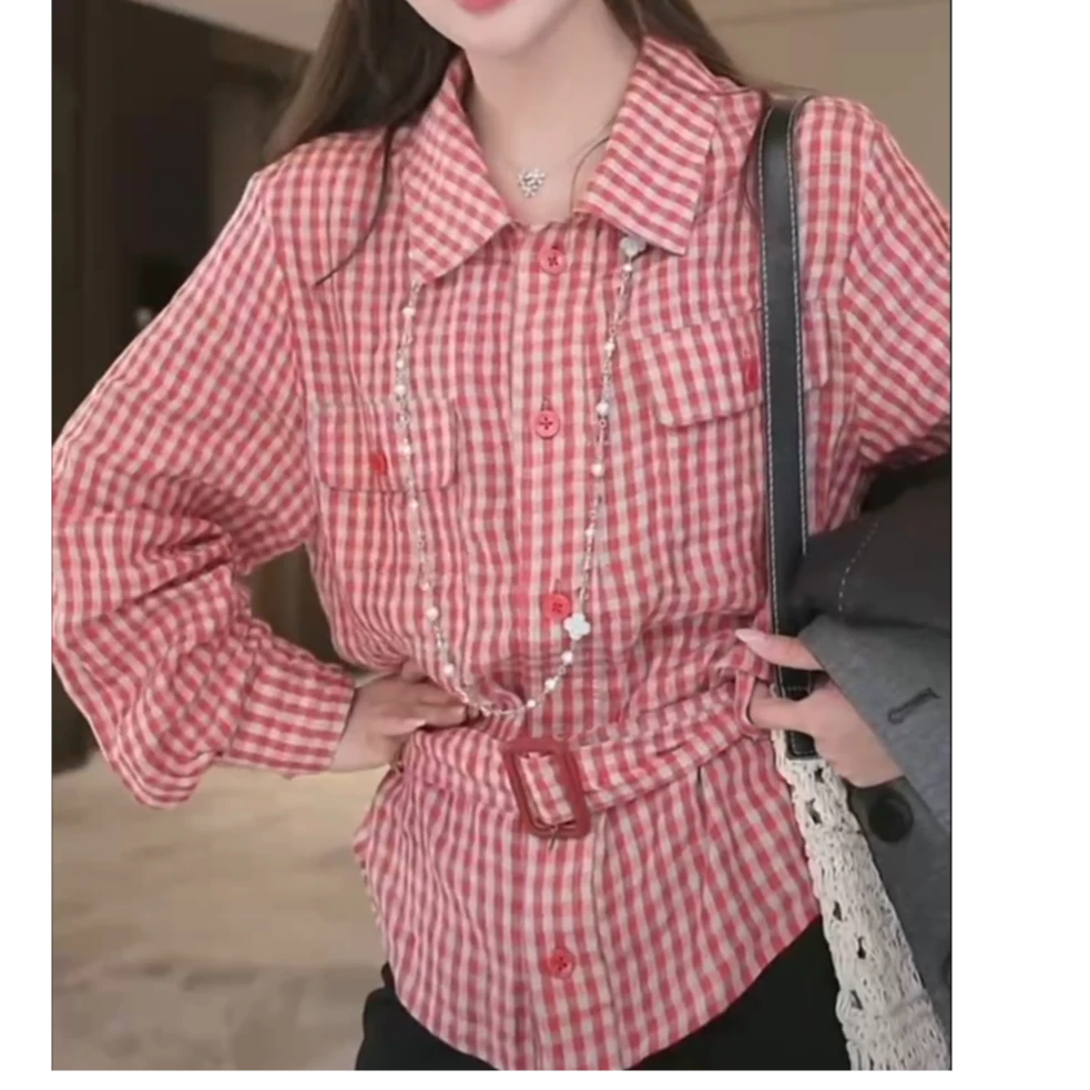 春游出行衣服红色格子长袖衬衫女复古宽松甜美设计感上衣