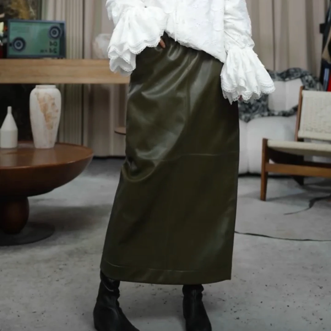 infobyfive2025秋冬新款蛋白皮松紧腰长款皮裙贰NF0510097