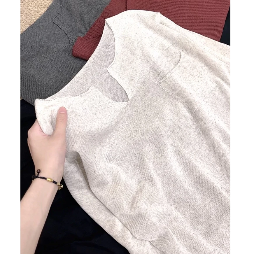 夏季新品【老钱风】剪刀圆领套头纯色宽松长袖薄款针织罩衫 042