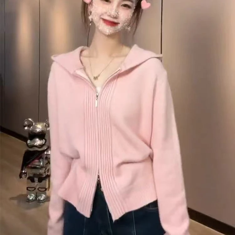 Z133 高级感连帽拉链针织开衫上衣女短款外穿内搭长袖毛衣外套