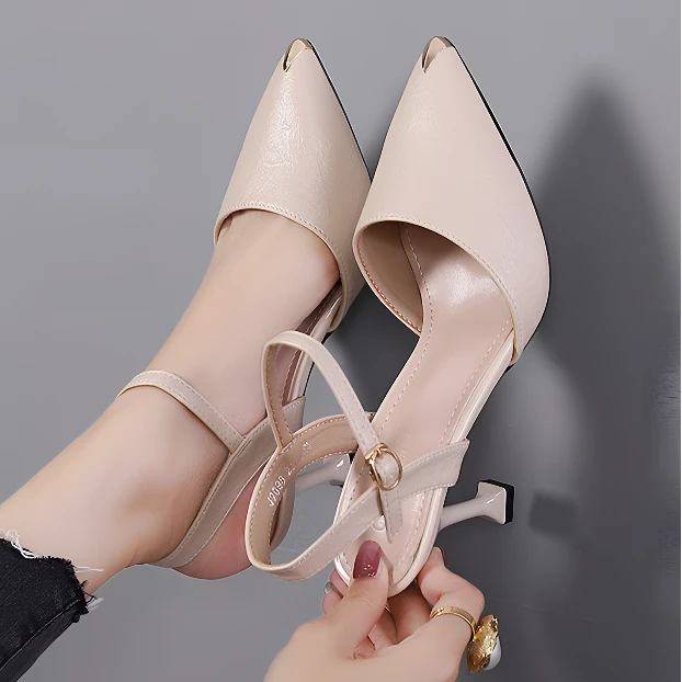 真皮包头凉鞋尖头女高跟时装凉鞋女士一字带细跟韩版百搭单鞋女