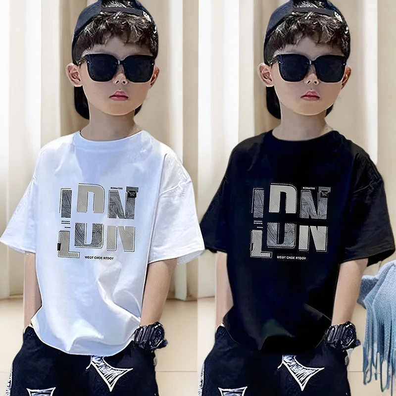 夏季纯棉短袖男童T恤洋气儿童夏装中大童帅气男孩宽松印花上衣服