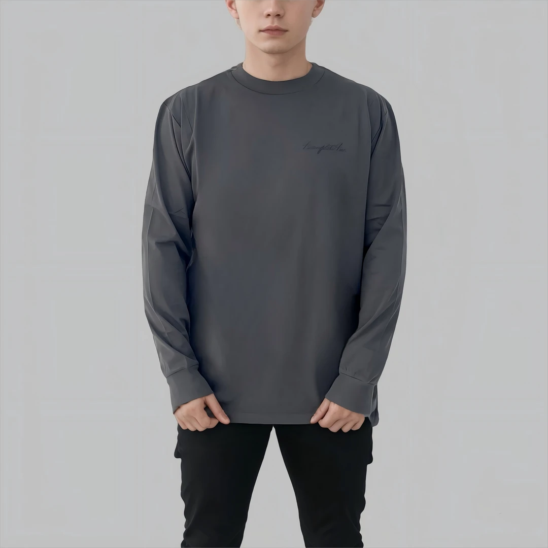 incom潮牌亲子款宽松刺绣纯棉纯色印花圆领长袖T恤休闲百搭