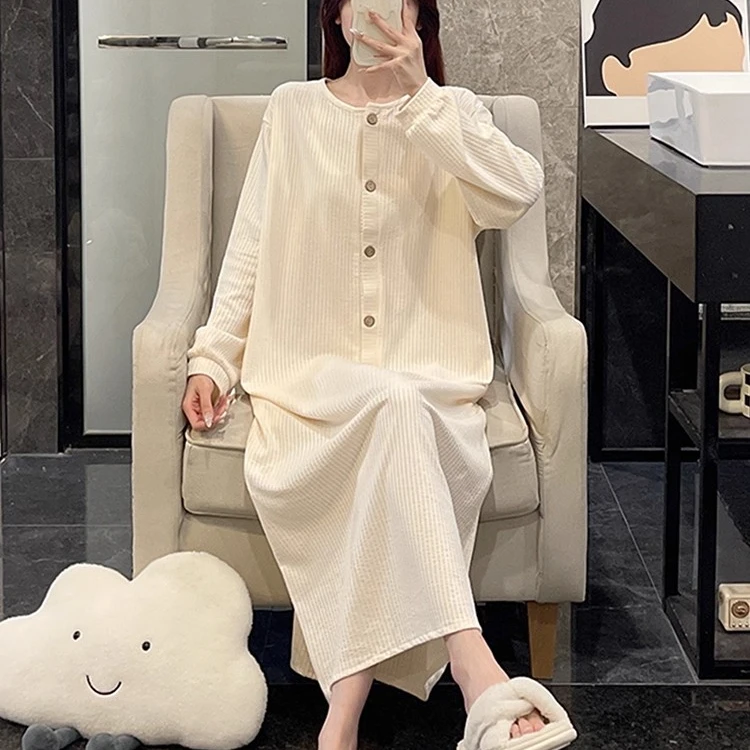 韩国时尚睡裙女春秋季睡衣长袖舒适可外穿长裙Ins风白色冬家居服