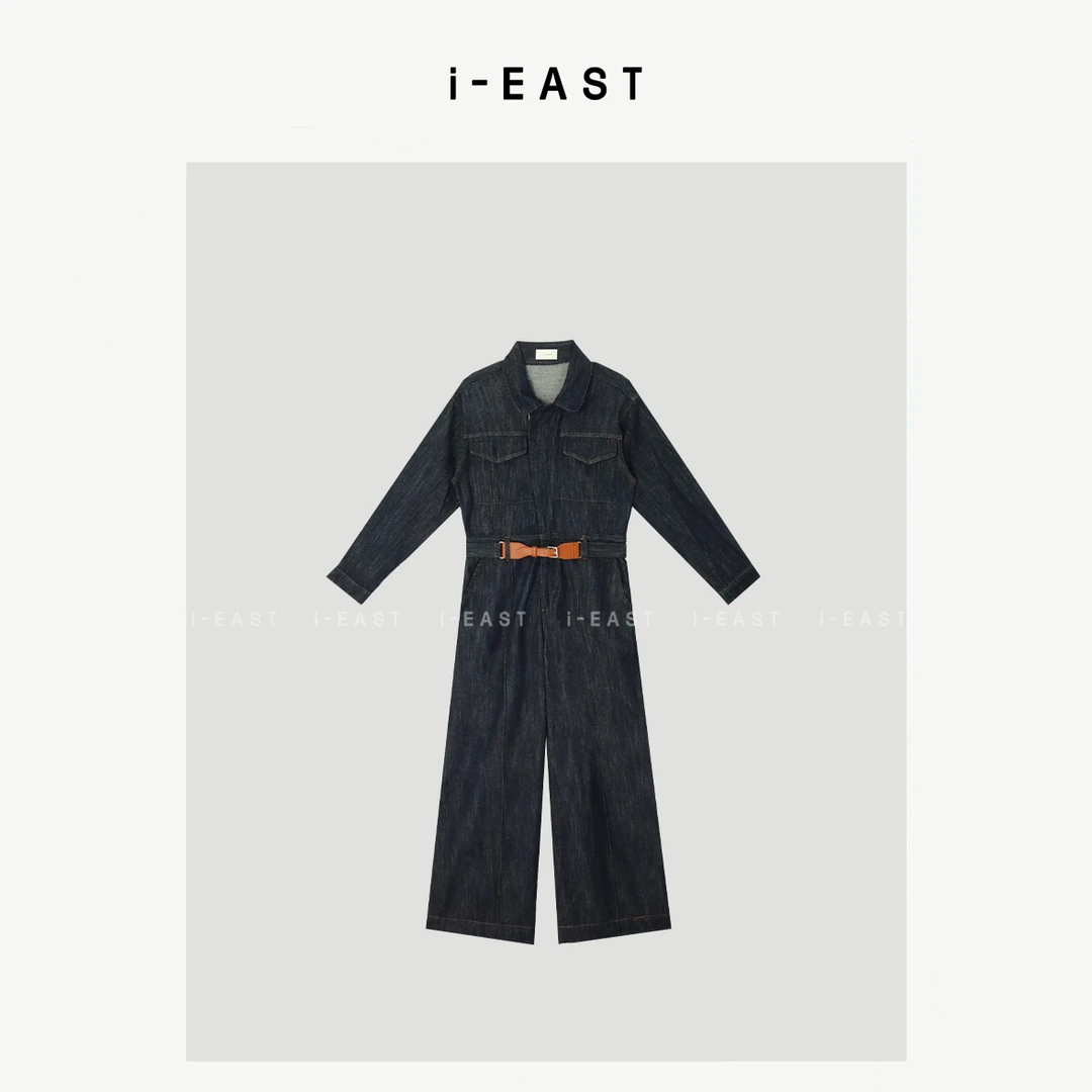 i-EAST 超模登机~polo翻领修身牛仔连体裤-5C K13049