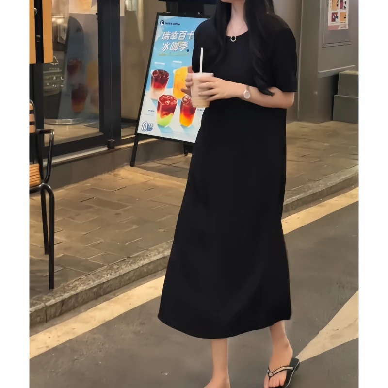 夏季时尚气质百搭连衣裙赫本风设计感开叉弹力圆领中长款黑色裙子