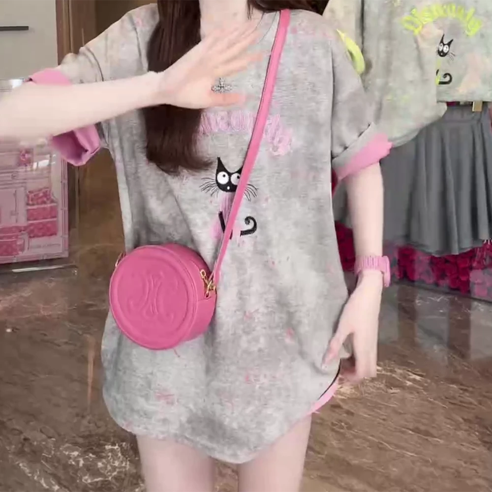 2025新款撞色猫咪T恤小众印花圆领宽松显瘦百搭女士t恤