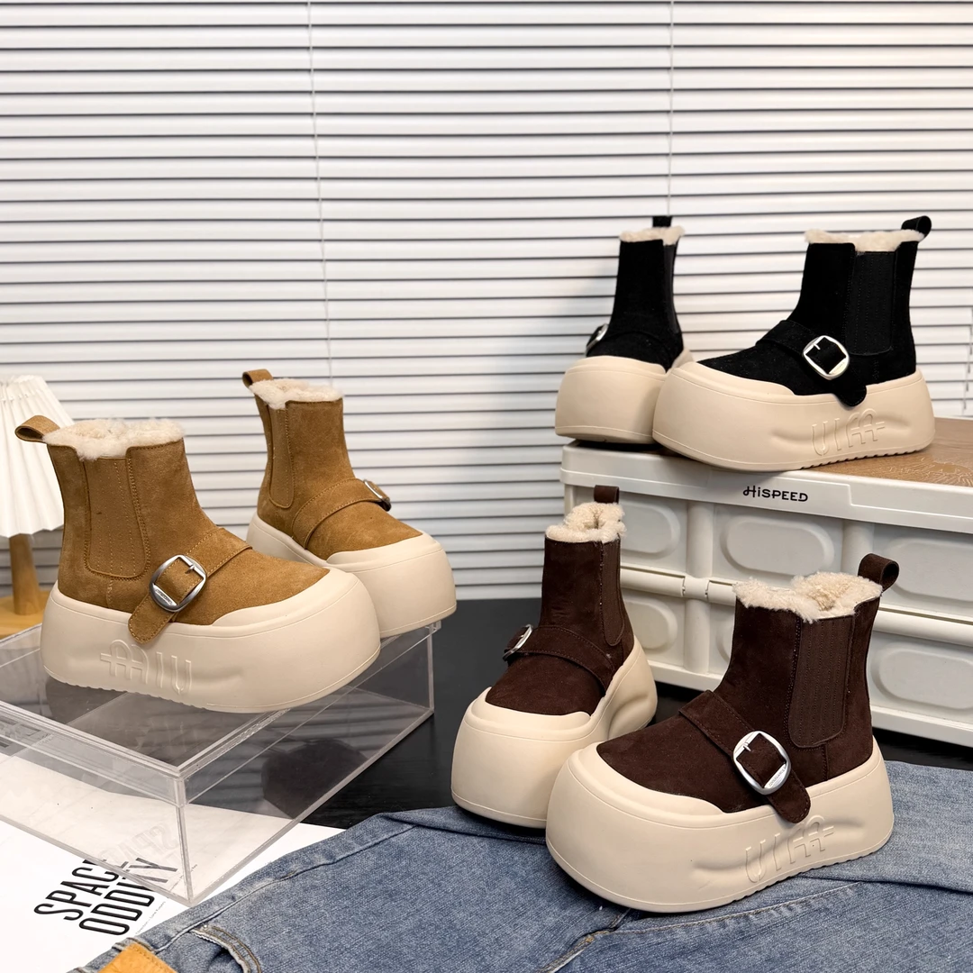 【琪】欧货磨砂大头松糕厚底马丁靴女复古小个子增高加绒切尔西短靴