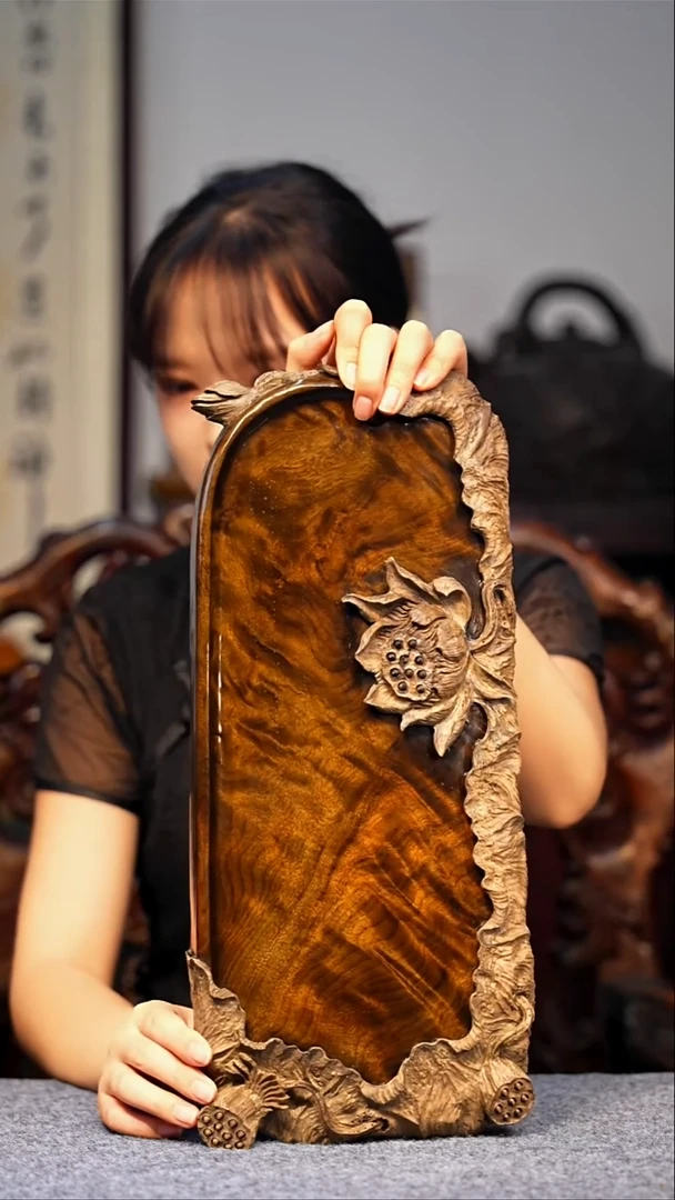 金丝楠【47】小叶金丝楠精品花纹重工雕刻茶盘