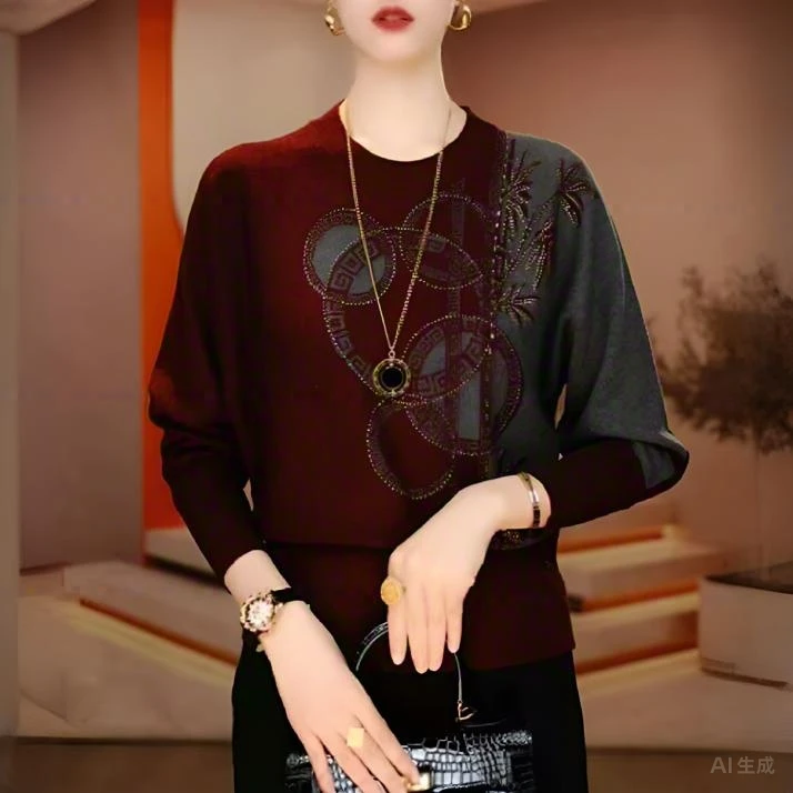 2025秋冬新品时尚提花圆领长袖针织衫宽松显瘦柔软保暖毛衣上衣女