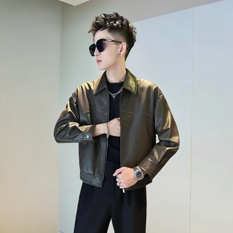 居幻短款皮夹克男士纯色百搭夹克2025春秋季简单帅气摩托车皮夹克