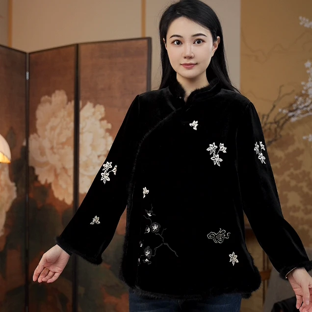 赶色 重工刺绣毛绒袖口桑蚕丝中式上衣中国风外套