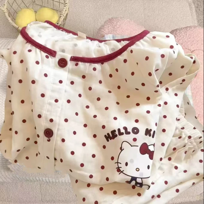 波点可爱凯蒂猫春秋季睡衣女童宝宝款云朵棉长袖圆领家居服可外穿