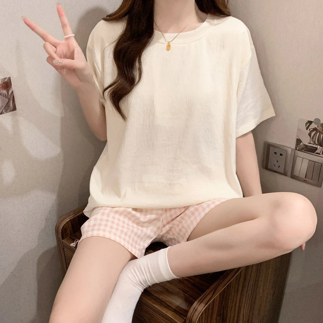 睡衣女新款夏季带胸垫短袖套装大码宽松女士夏天薄款可外穿家居服