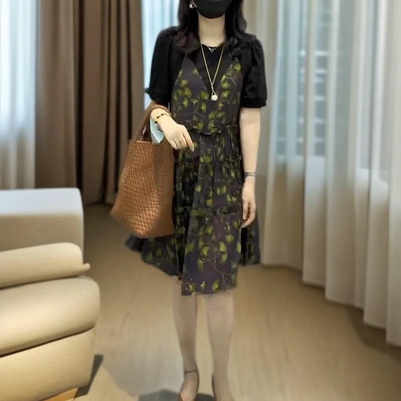 【大爱美依缘】新款时尚百搭韩版碎花假两件连衣裙中长款减龄女潮