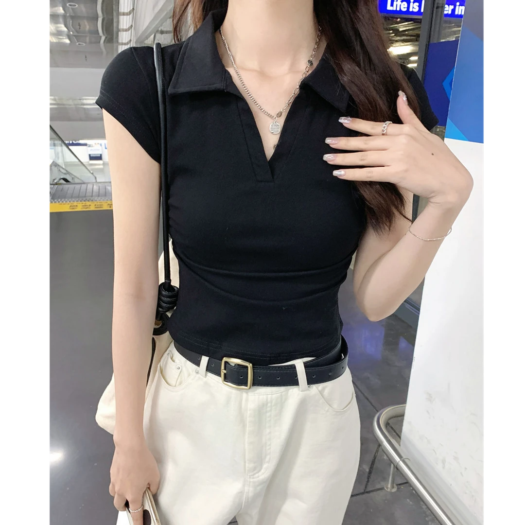 黑色螺纹高弹polo领短袖t恤女夏季新款设计感小众v领显瘦休闲上衣