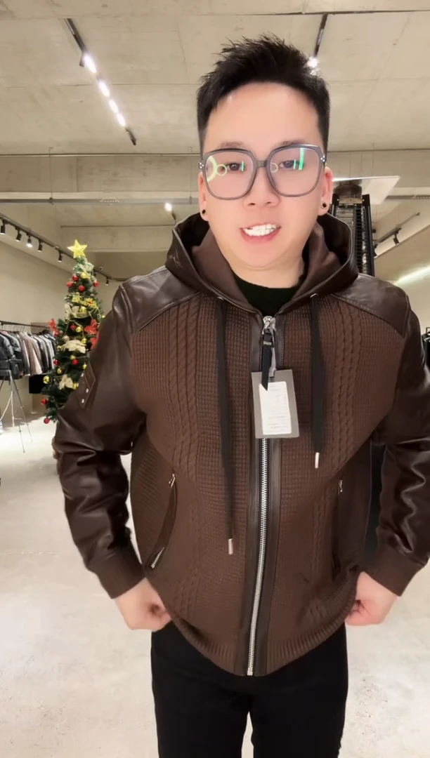 52码（145-160斤）连帽真皮拼接夹棉夹克