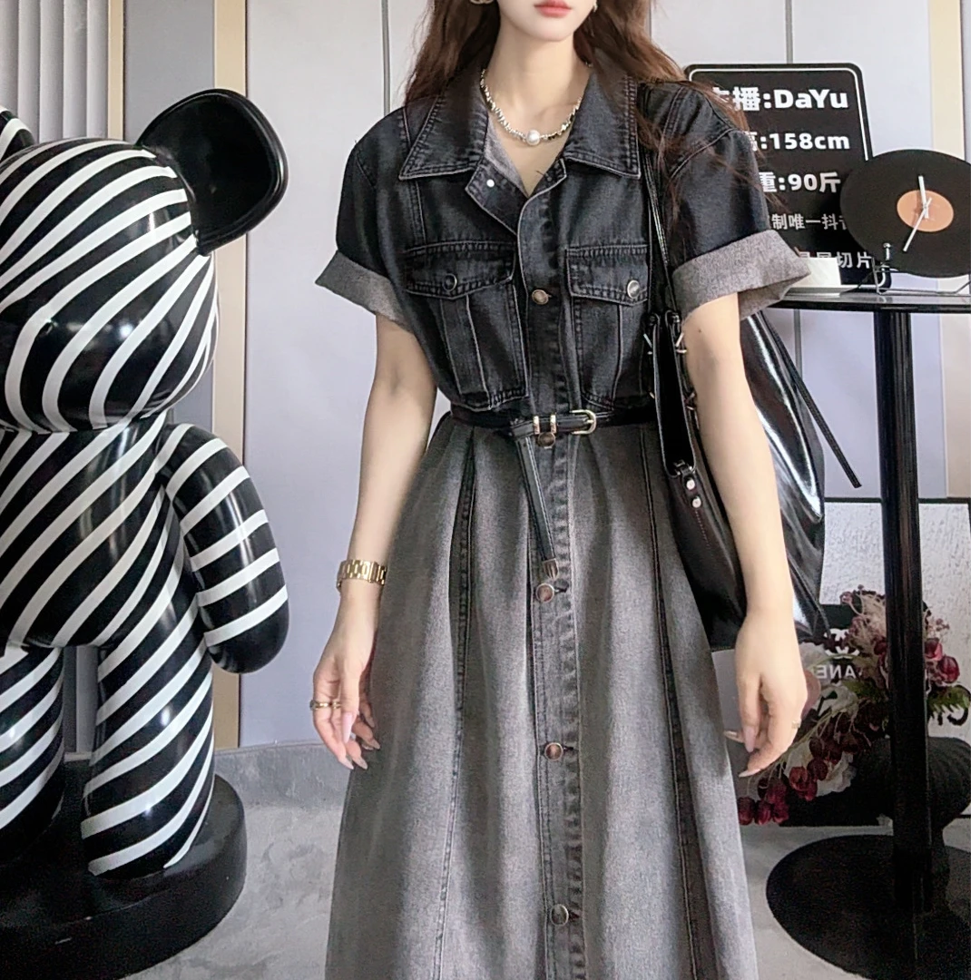 DAyu定制 休闲风复古港风长裙连衣裙中长款休闲欧若精灵风牛仔裙