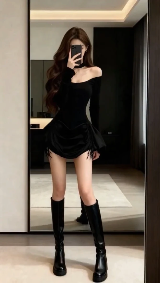 纯欲风辣妹一字肩秋冬新款御姐修身性感时尚气质名媛抽绳超短裙