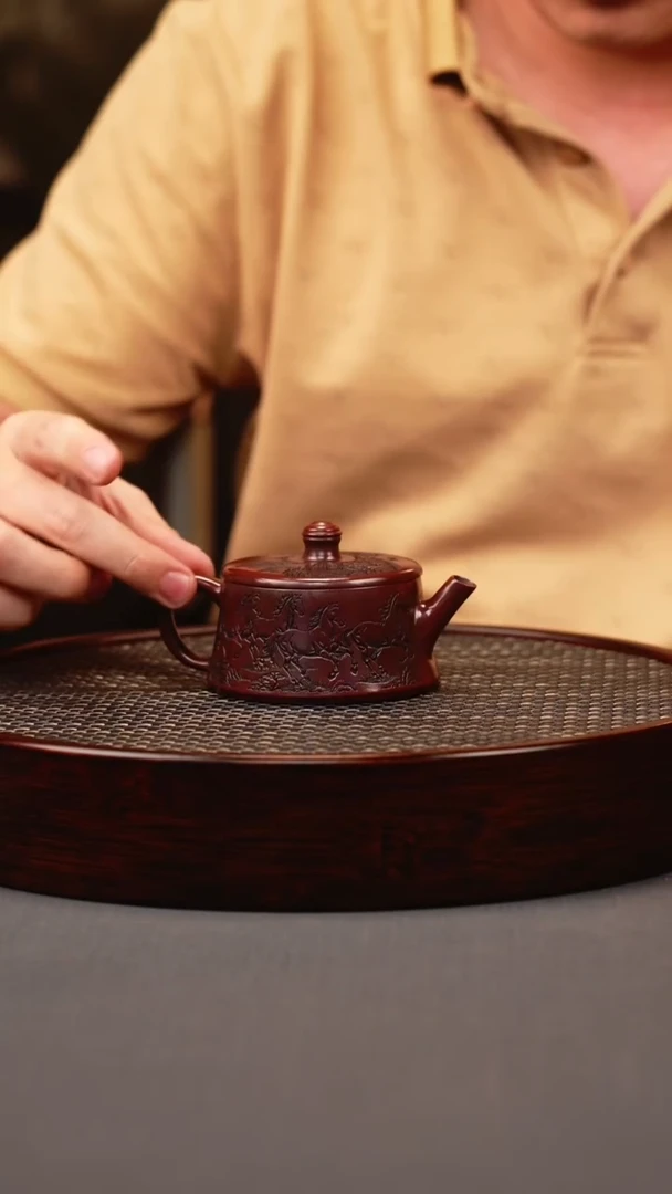 茶壶紫砂古红泥 柱础 八骏