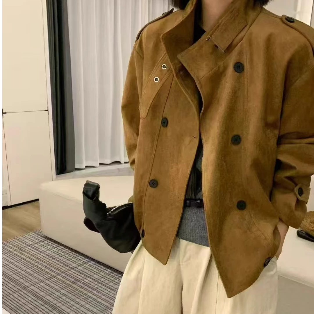 秋季新款时尚女装复古立领短款麂皮风衣外套休闲百搭上衣欧货2025