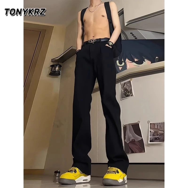 TONYKRZ黑色牛仔裤男痞帅cleanfit美式高街修身直筒微喇长裤潮牌
