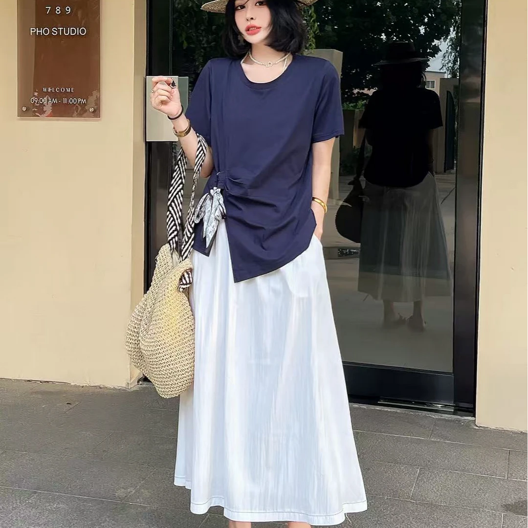 6098夏季新款胖mm设计感短袖T恤上衣高腰显瘦半身裙两件套