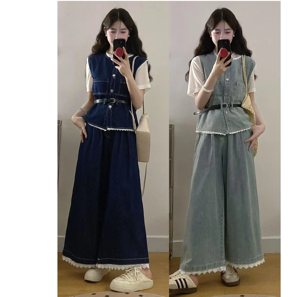 大码女装胖mm夏季新款牛仔花边马甲阔腿裤+T恤两件套
