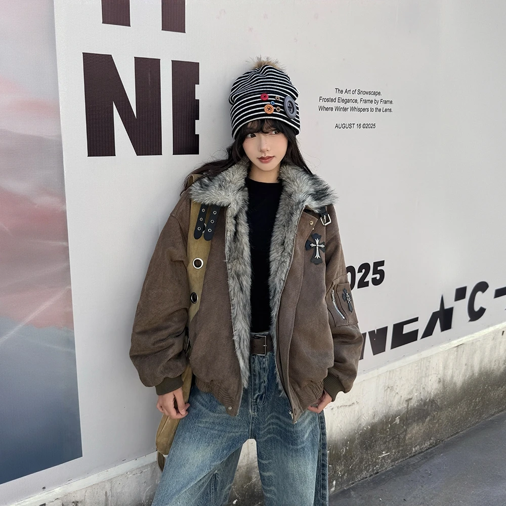 哥特风毛领座山雕外套男女夹棉加厚十字架棉服情侣款棉衣男美式