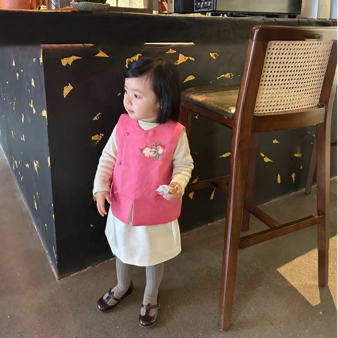 现货壹妈童装女童拜年服套装秋冬儿童新中式粉色刺绣马甲缎面半裙
