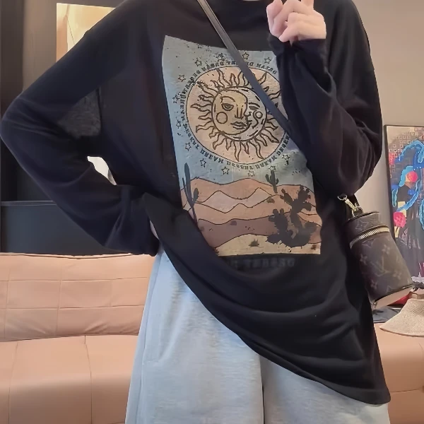 大码慵懒风宽松防晒t恤女早秋2025新款胖mm显瘦百搭长袖薄款上衣