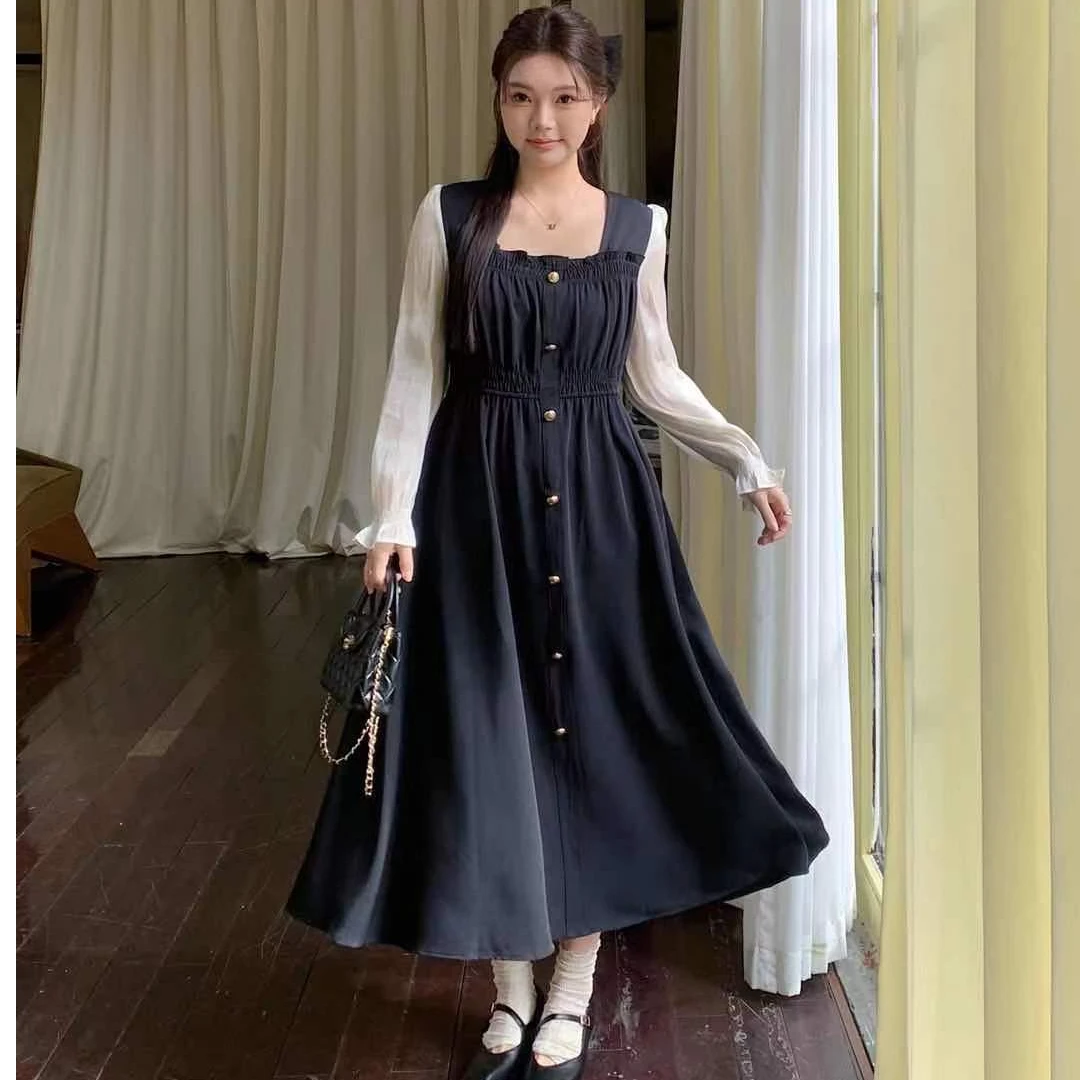 【法式氛围，小韩日记】显瘦气质长袖时尚复古拼接设计感收腰61612