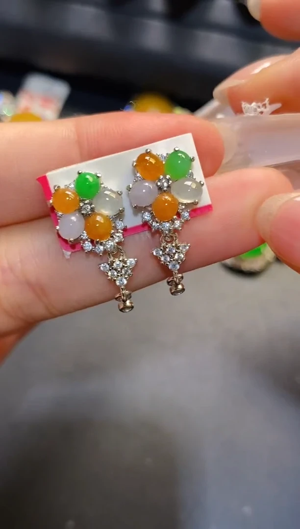 银S925镶嵌翡翠耳饰天然
