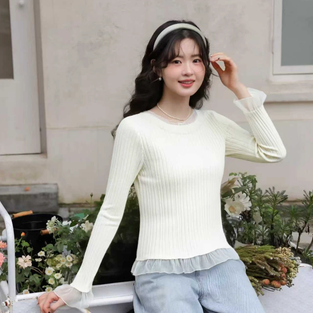 慕兔法式拼接蕾丝边长袖t恤女2025内搭宽松打底衫上衣